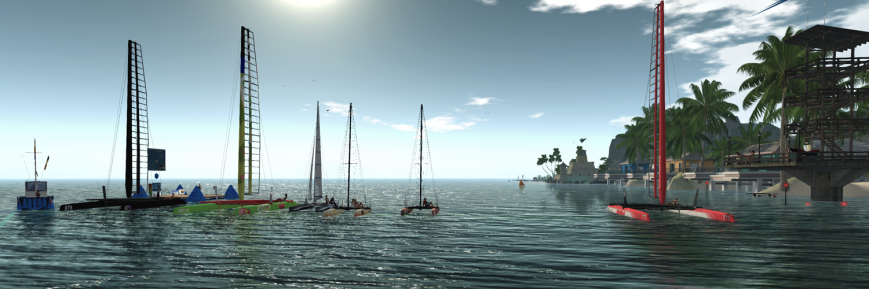 From the left (in boats): ViV (WildWind AC-45), Diana (WildWind AC-45), Juicy (TMS Nacra 17), Daenerys and Tamarushka (TMS Flying Shadow), Emileigh and Rayz (TMS Flying Shadow), and Sea (WildWind AC-45). On the Race Committee boat: Cryptic: On the dock: Rayz, and Caethes. On the pier: Kai, Ada, and San.