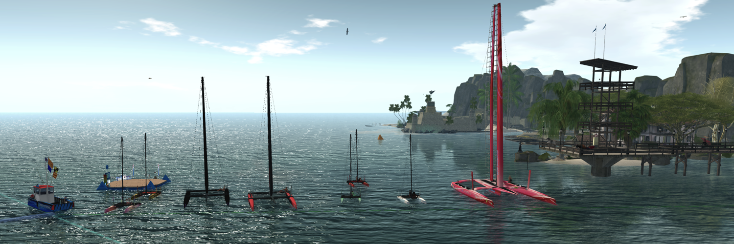 From the left (in boats): Sin & Zoe (TMS Flying Shadow), Vicky (TMS Flying Shadow), ViV (WildWind AC-45), Leif (WildWind AC-45), Xiao (TMS Flying Shadow), Sirius (TMS Flying Shadow), Araton & Ana (TMS Flying Shadow), and Diana (WildWind AC-62). On the Race Committee boat: Cryptic. On the dock: Asher, and Caethes. On the pier: Julia.
