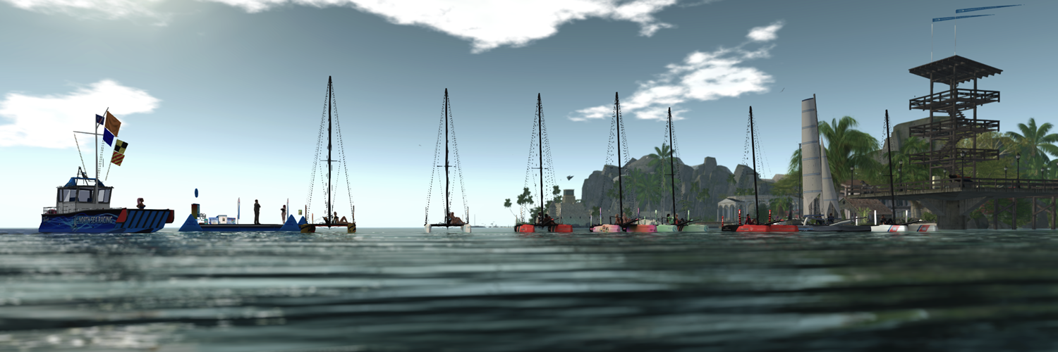 From the left (in boats): Vicky (TMS Flying Shadow), Araton & Asha (TMS Flying Shadow), Leif & Ana (TMS Flying Shadow), Sin & Zoe (TMS Flying Shadow), Xiao & Phoenix (TMS Flying Shadow), Sirius (TMS Flying Shadow), Juicy & Di Si (TMS Nacra 17), and Kael (TMS Flying Shadow). On the Race Committee boat: Cryptic. On the dock: Jamie, and Caethes.